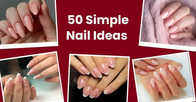 Hands with various smple nail designs, featuring the text '65 simple Nail Ideas