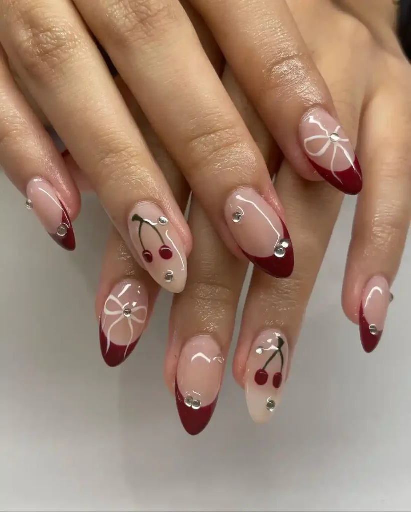 Cherry Red French tips and ribbon nail art with gel nail polish. 