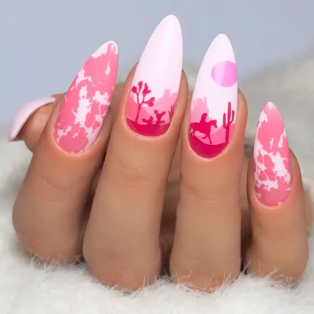 Country landscape nail art with pink and white nail colors. 