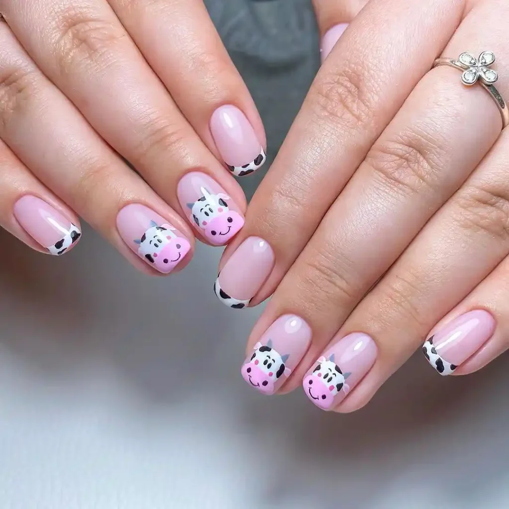 Nude pink nails with cow print and French tips. 