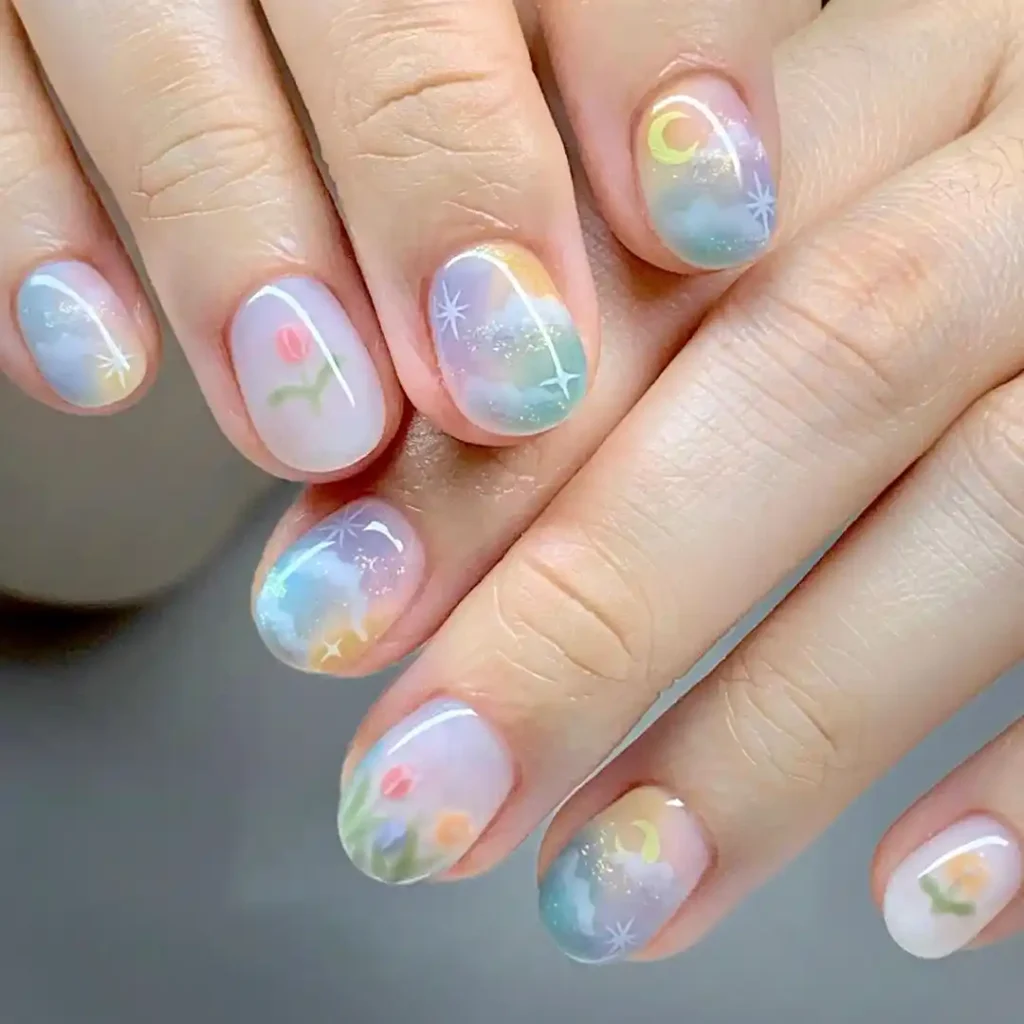 Cute dreamy French manicure with pastel nail colors. 