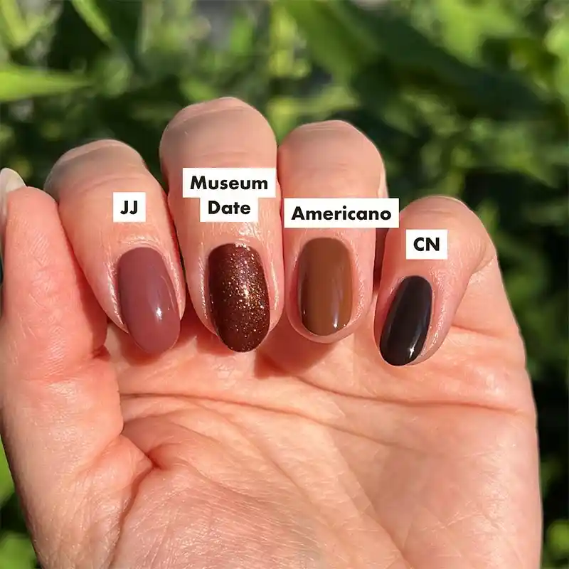 Brown fall nail color ideas include chocolate brown, glitter brown, and americano. 