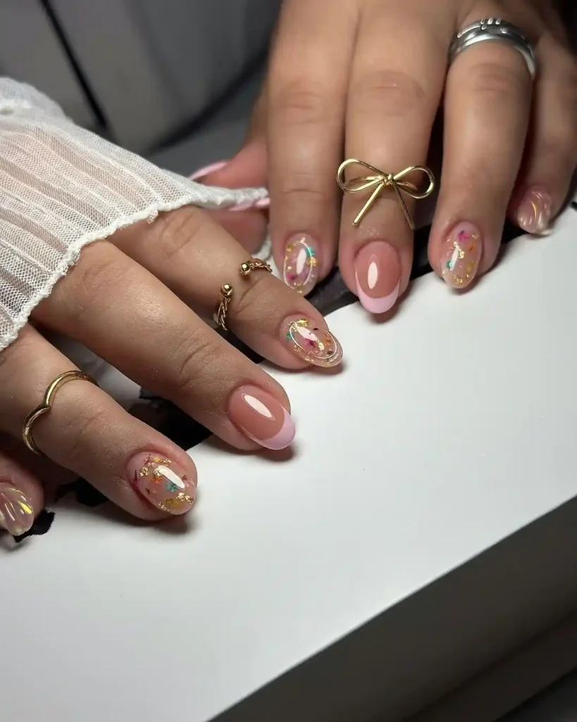 Cute short nails with pink French tips, dried flower, and foil nail art. 