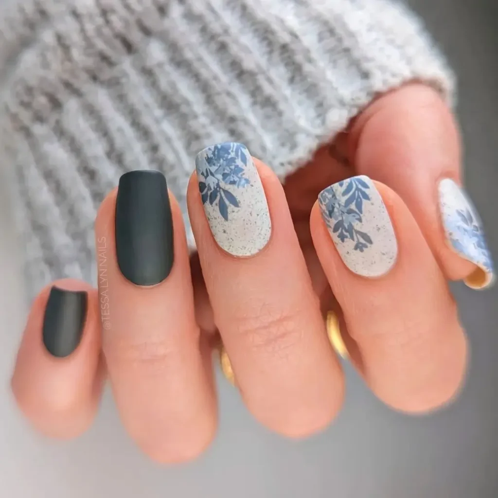 Simple icy stamped nails with gray and white nail colors. 