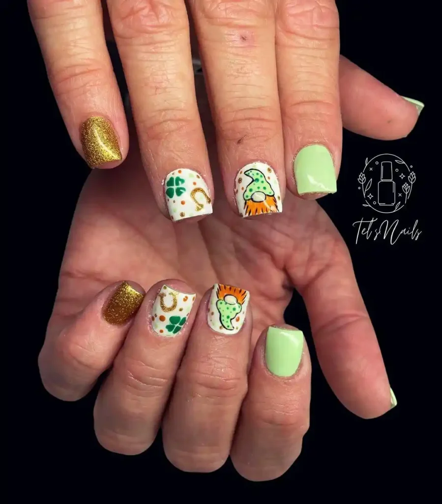 Green Irish luck nails with glitter nail art.