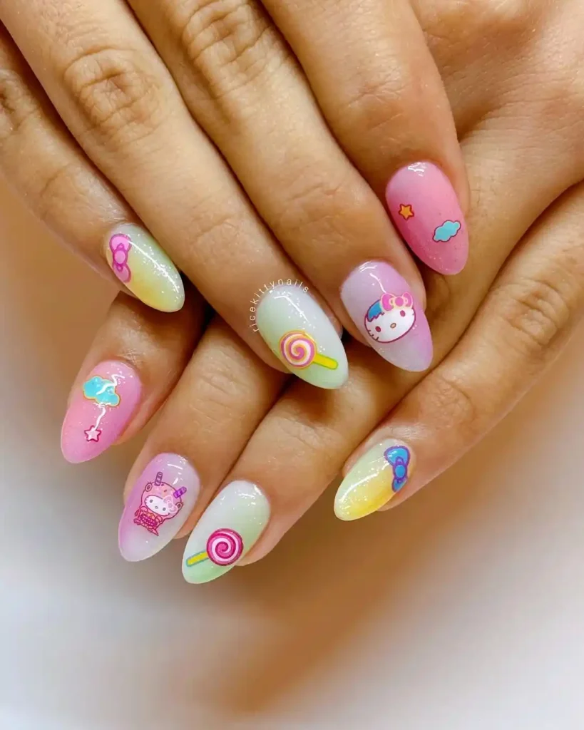 Colorful summer nails with Hello Kitty nail art. 