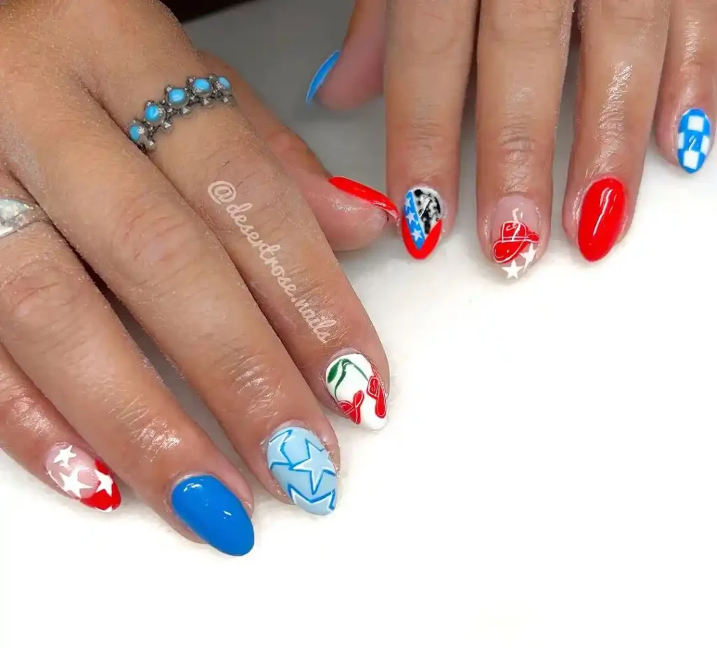 Cute red and blue western nail ideas with star nail designs. 
