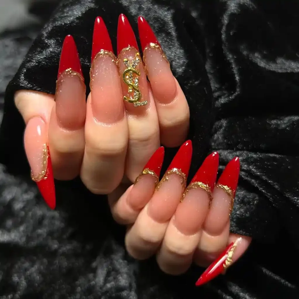 summer gel nail ideas Red and Gold