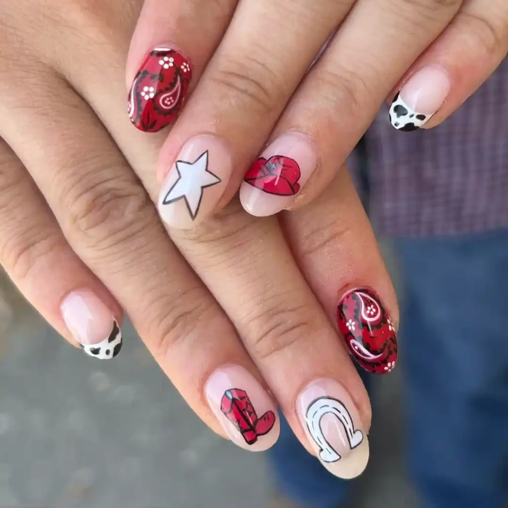 Western nail art with red and white bandana print.