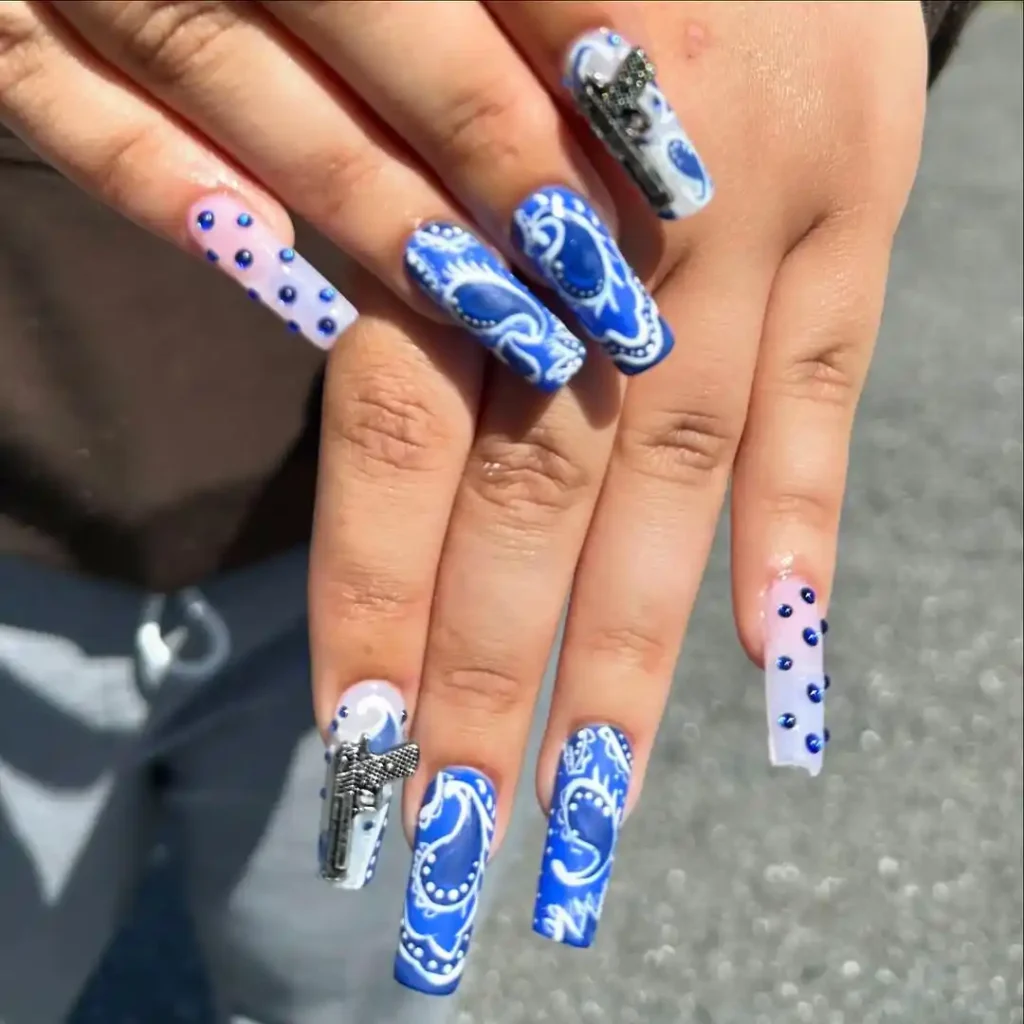 Bandana and lace nail art with black and purple nail colors.