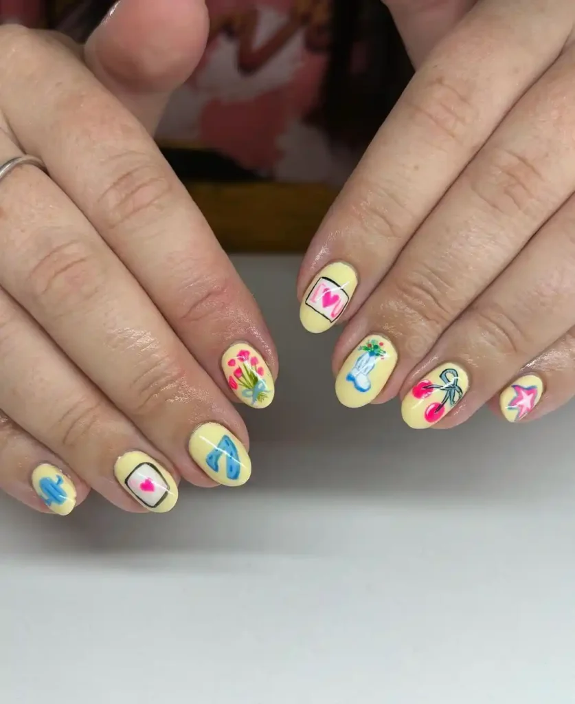 Summer western nails with cowgirl nail designs and yellow nail polish. 