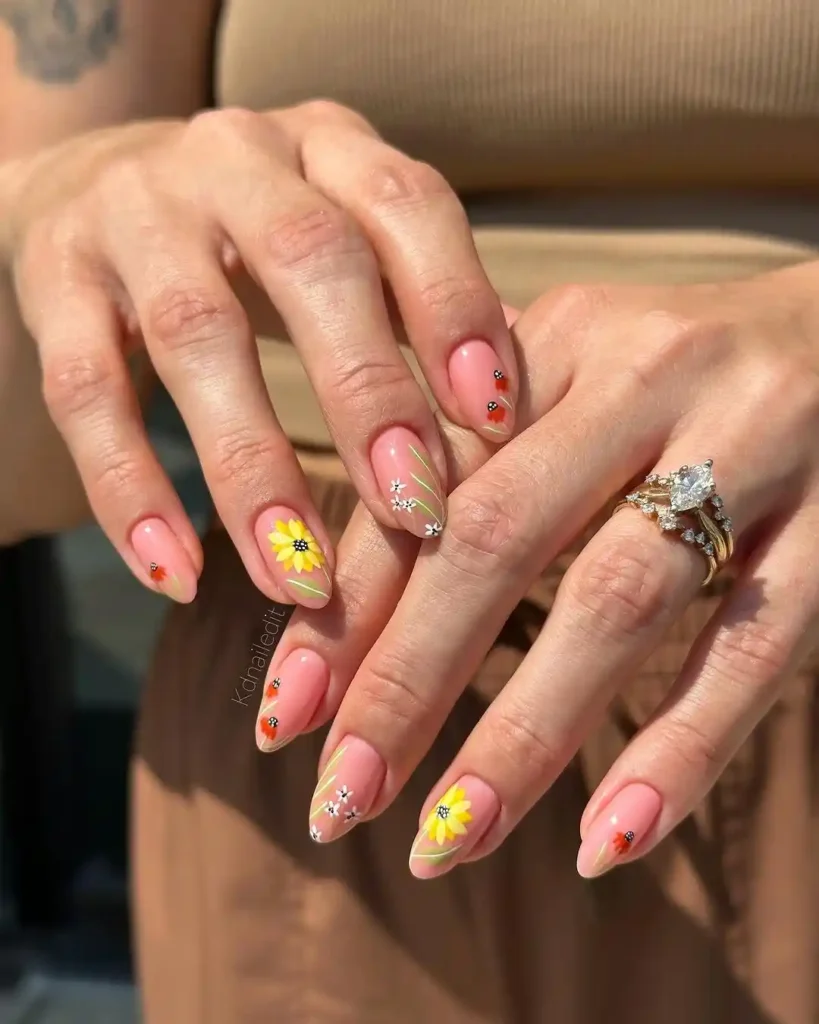 Summer wildflower art on short nude nails. 