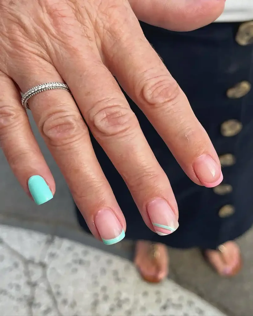 Turquoise and Pink short natural nail ideas