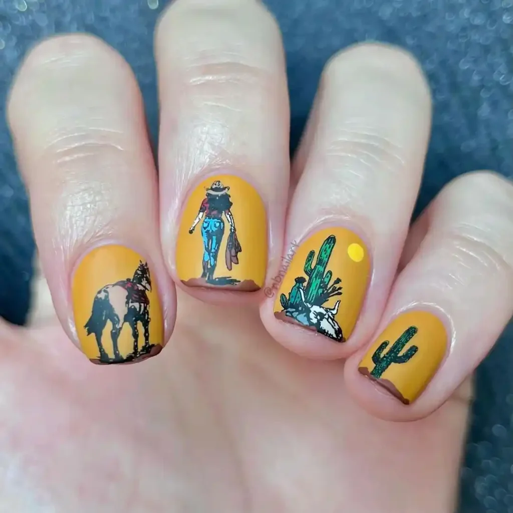 Short mustard nails with reverse-stamped cowgirl, horse, and cacti designs. 