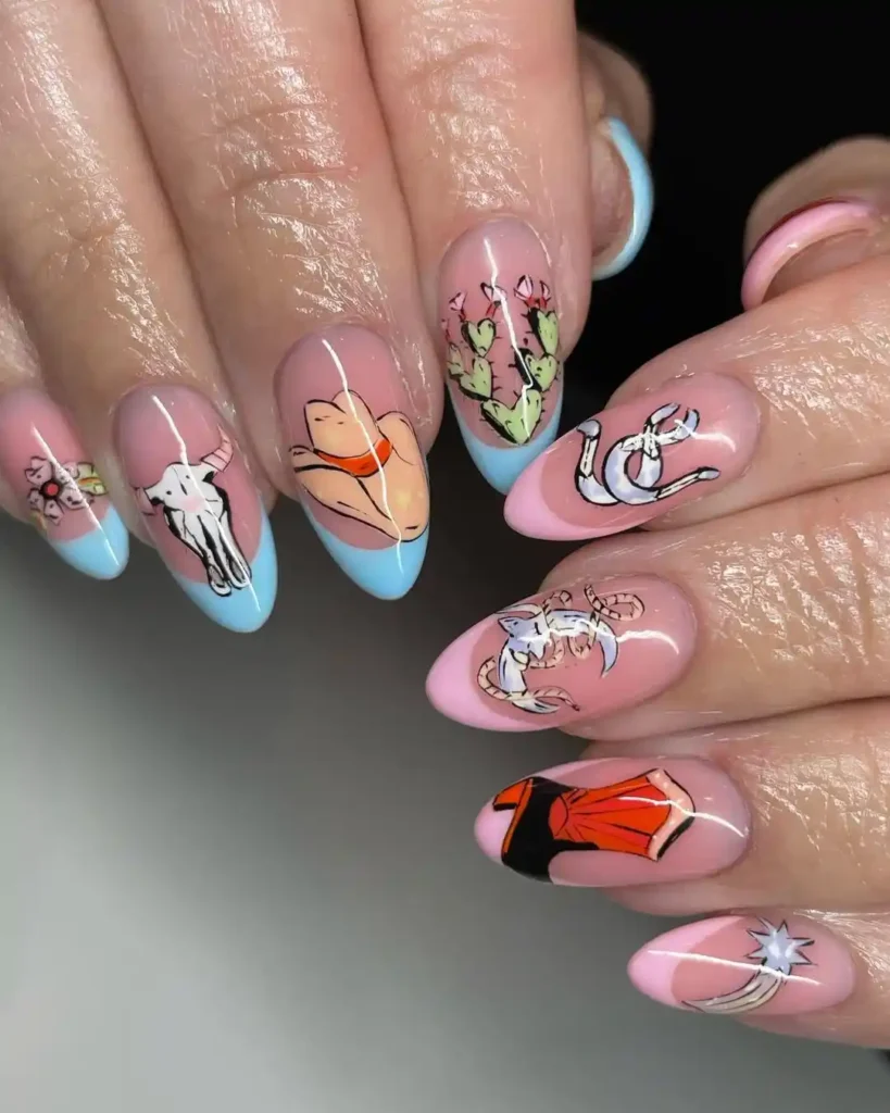 Blue and pink French tips with Wild West stickers nail art. 