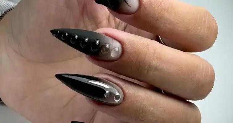 Black matte ombre nails with 3D glue gel art. 
