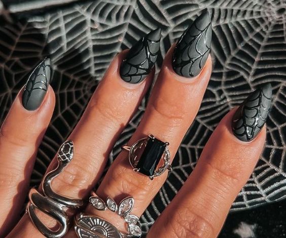 Matte black nails with shiny spider web art. 