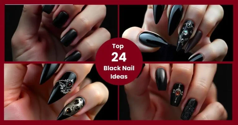 Elegant black nail designs with gems and a combination of matte and glossy textures. black nail ideas