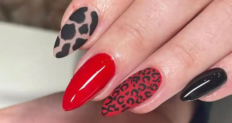 Matte and shiny mixed nail art with black and red nail color and animal print. 