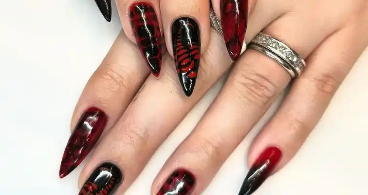 Black and red manicure for Scorpio season. 