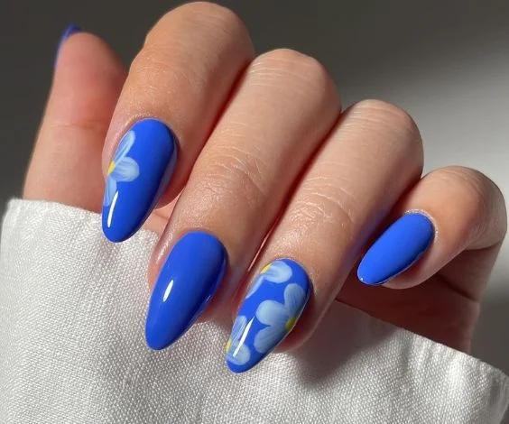 Blue Flower Almond Nails