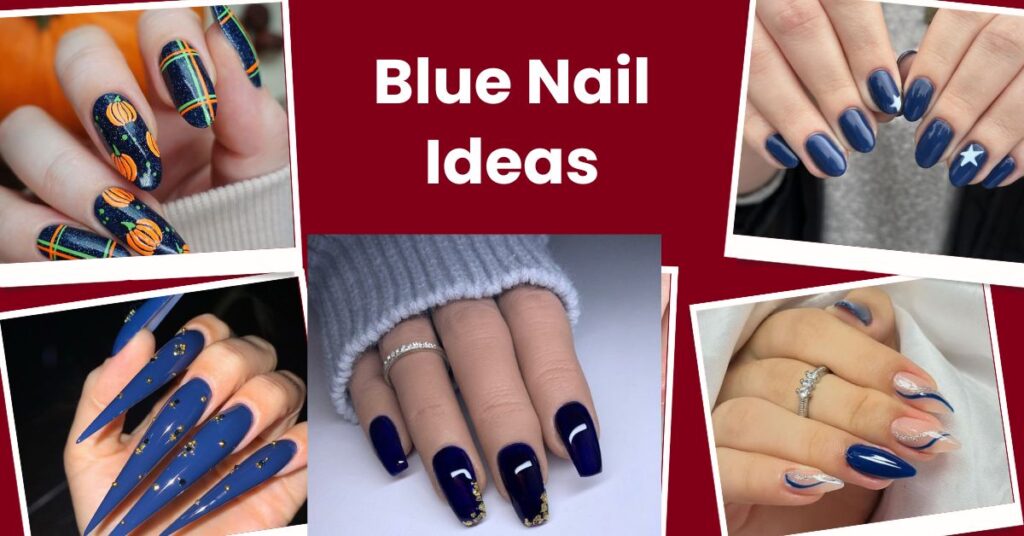 blue nail art ideas, featuring designs with stars, wavy accents, glitter, and Halloween-themed patterns. Centered text reads 'Blue Nail Ideas blue nail ideas