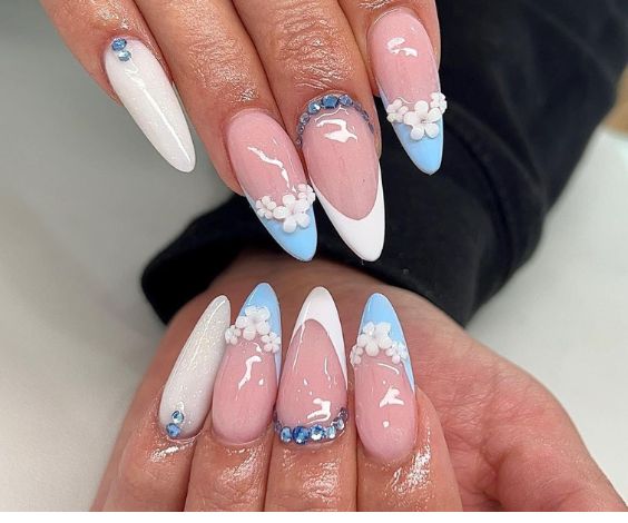 Blue and White Acrylic Almond Nails