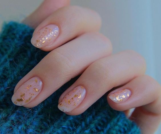 Simple nude nails with copper flakes art