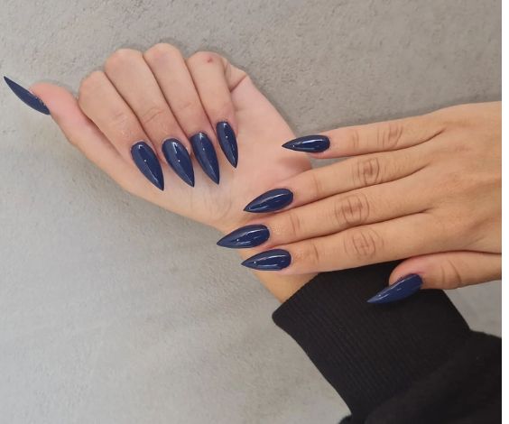 Medium stiletto nails with dark blue nail color. 