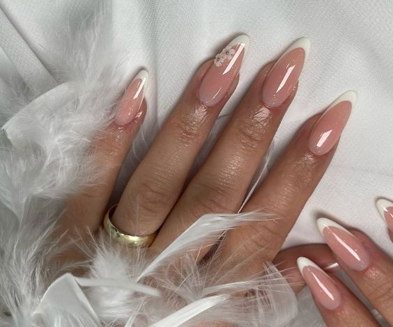 Delicate French Manicure Almond Nails Shape