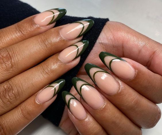 Double French manicure with dark green nail color. 
