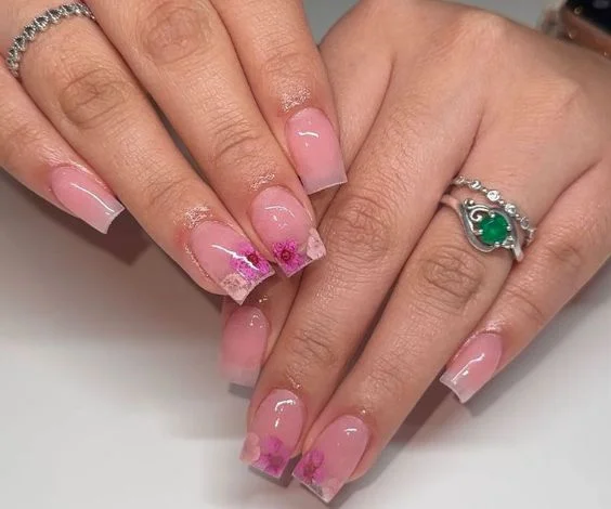  Flower Pressed French Acrylic Nails