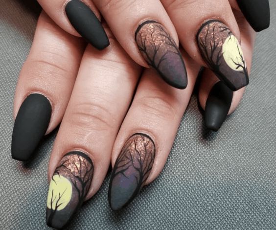 Full moon painting nail design for fall. 