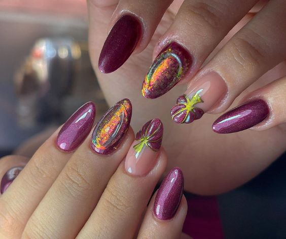 Plum nails with gel and holographic nail art