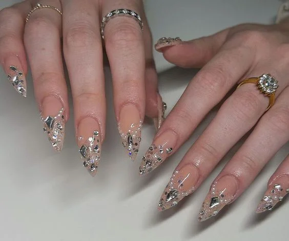 Nude almond nail set for Birthday with 3D crystals and stones. 