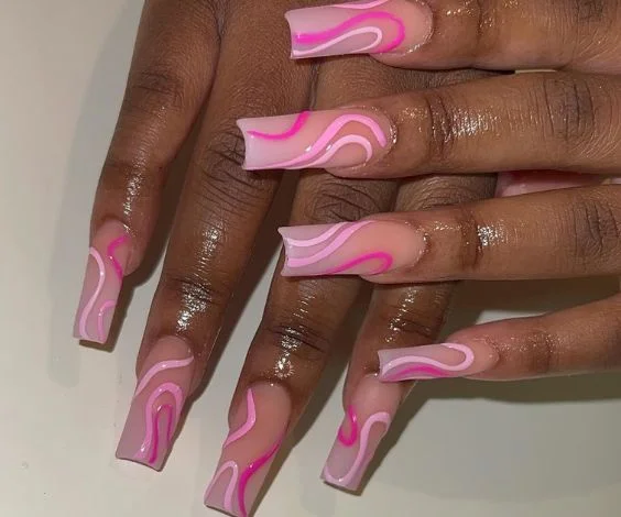 Glossy Grooves Pink Nails