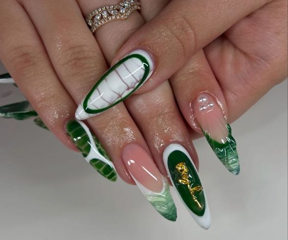 Almondetto nails with green and white reptile and ombre nail art. 
