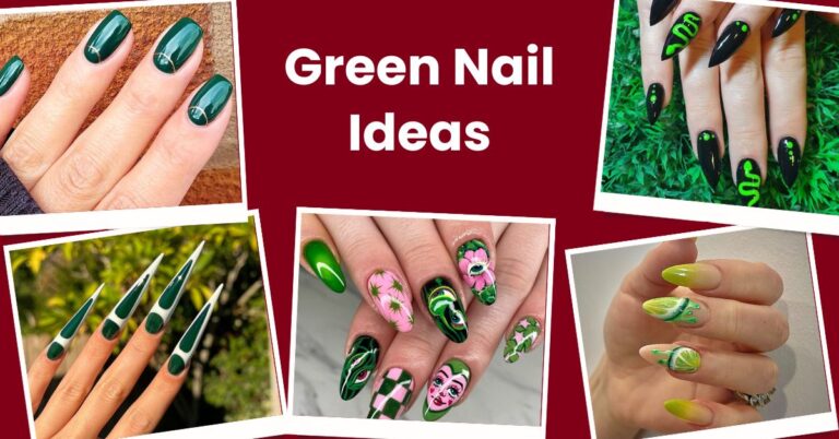 Green Nail Ideas of long and short nails with snakes, faces shades