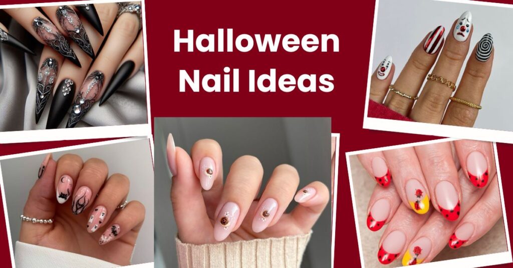 Collage of Halloween nail designs featuring intricate black, spooky-themed, clown-inspired, and red-tipped nail art.