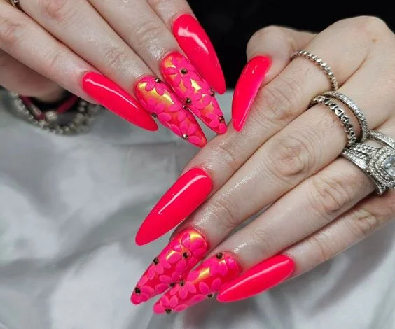 Hot Pink Florals Nails