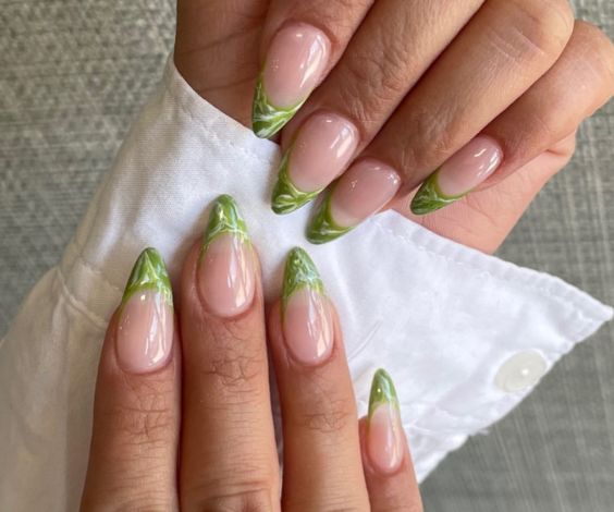 Marble French tips with lime green nail color. 
