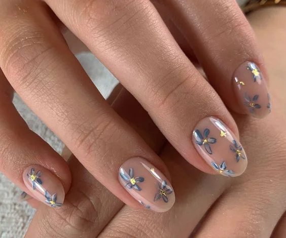 Minimal Blue Flower Nude Nails