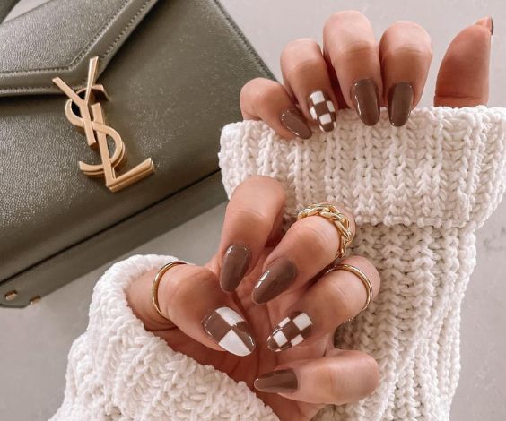 Simple checkered and color block nails with brown and white nail colors