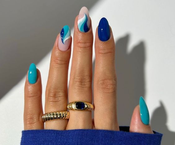 Ocean Blue swirls Almond Nail Shape