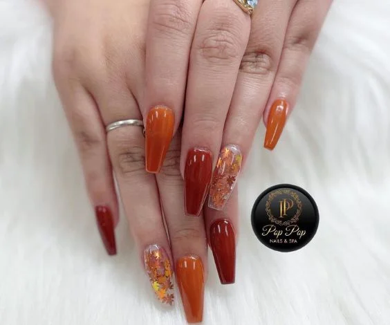 Orange Leaves Acrylic Nails