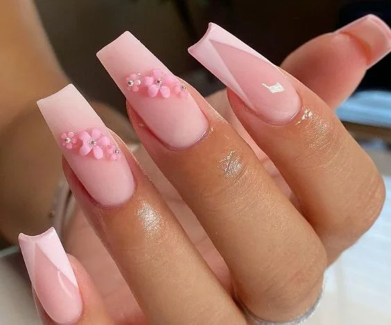 Pink 3D Flowers Nails