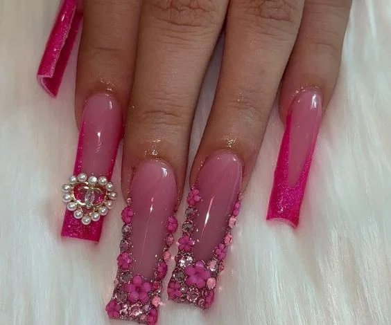 Pink Jewels Acrylic Nails