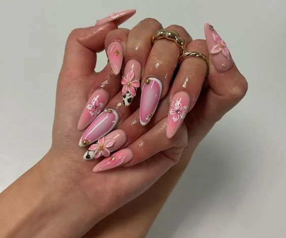 Pink Tropical Acrylic Nails