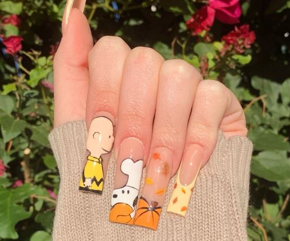 Cute long nails with Snoopy character designs