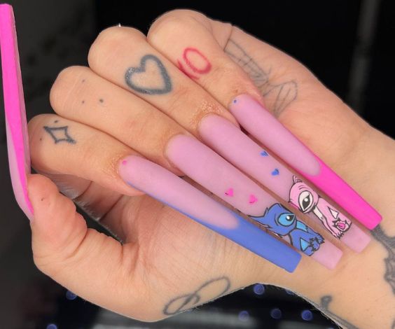 Extra long square nails with pink and blue stitch nail art